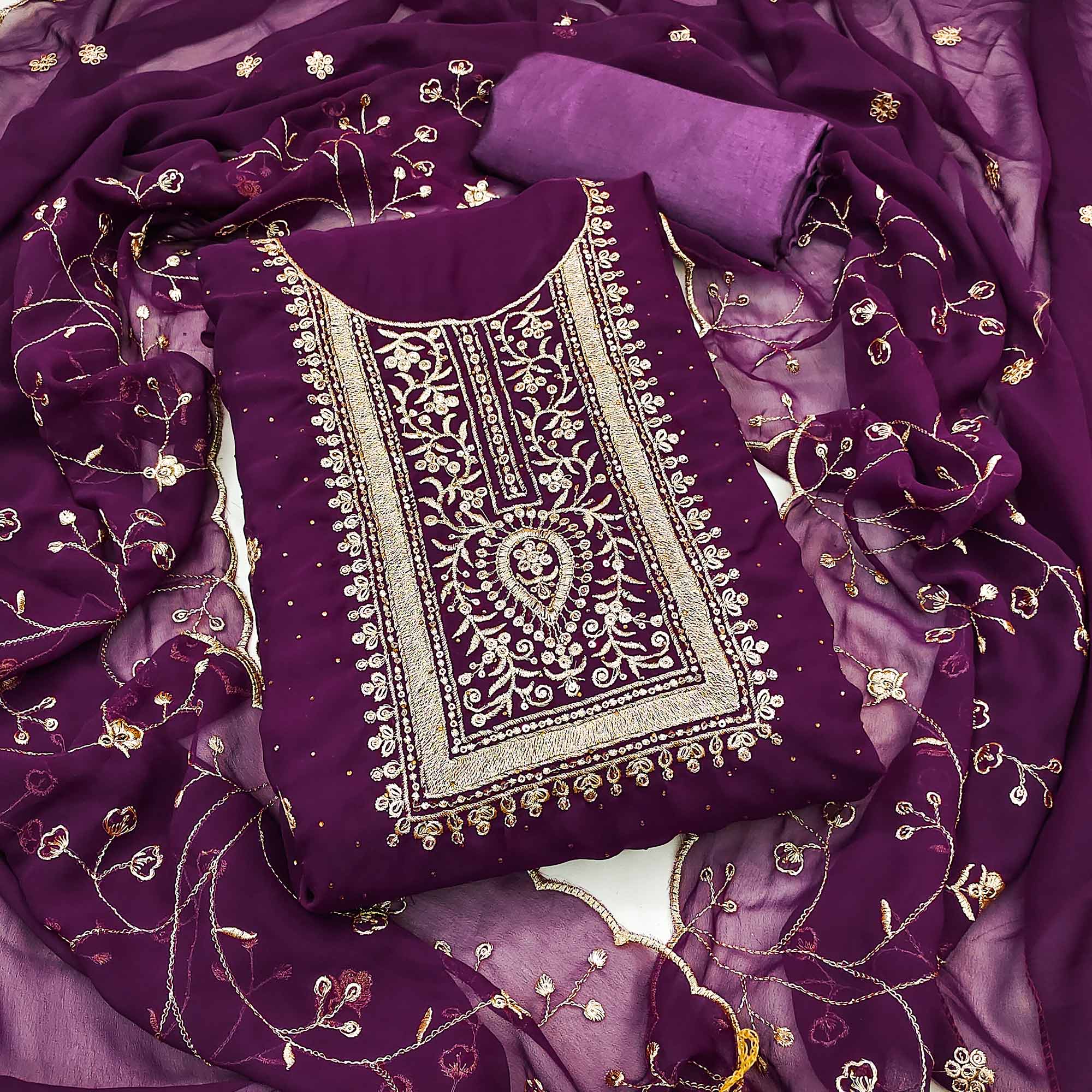 Purple Floral Embroidery With Stonework Georgette Dress Material