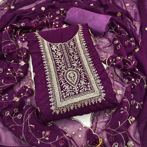 Purple Floral Embroidery With Stonework Georgette Dress Material