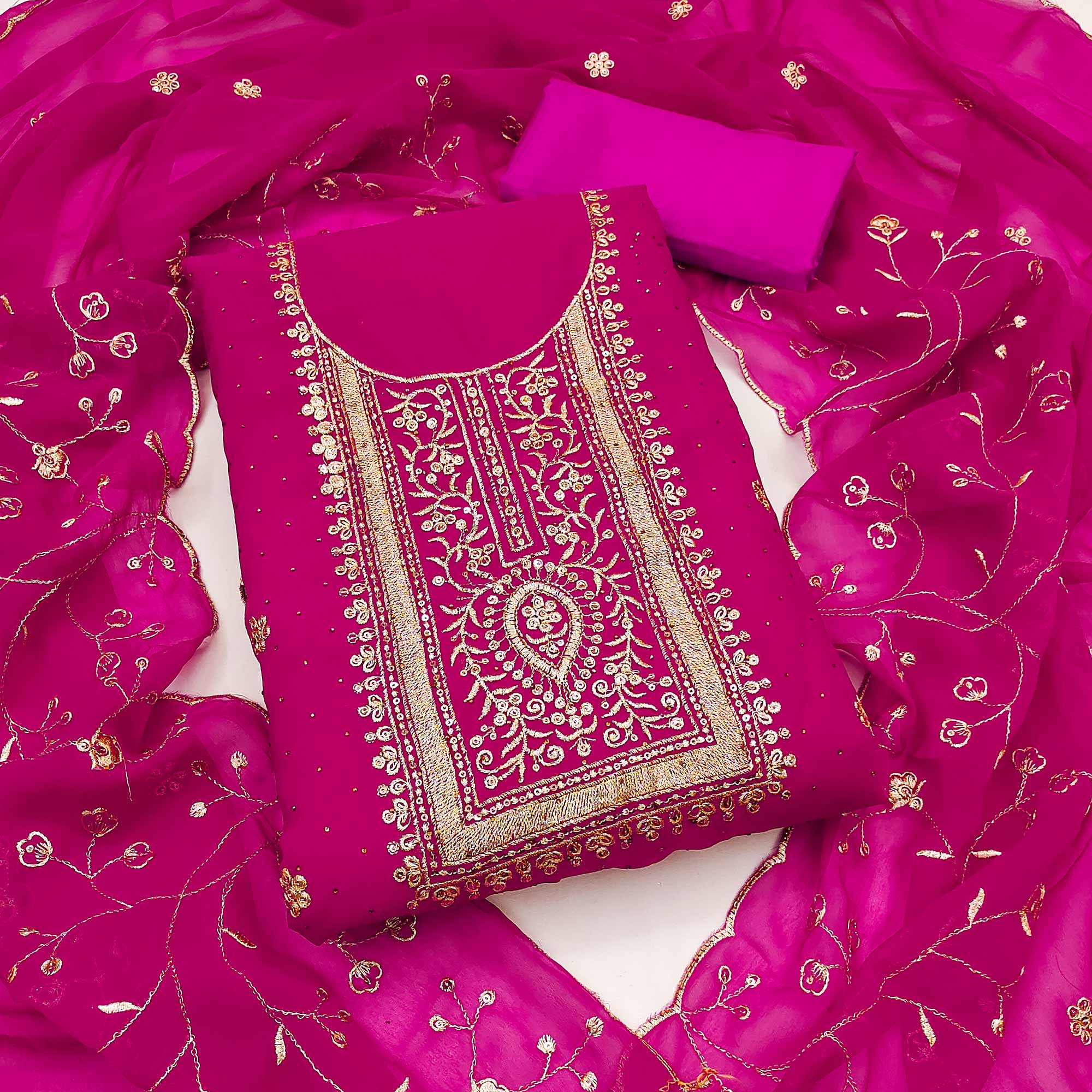 Rani Pink Floral Embroidery With Stonework Georgette Dress Material