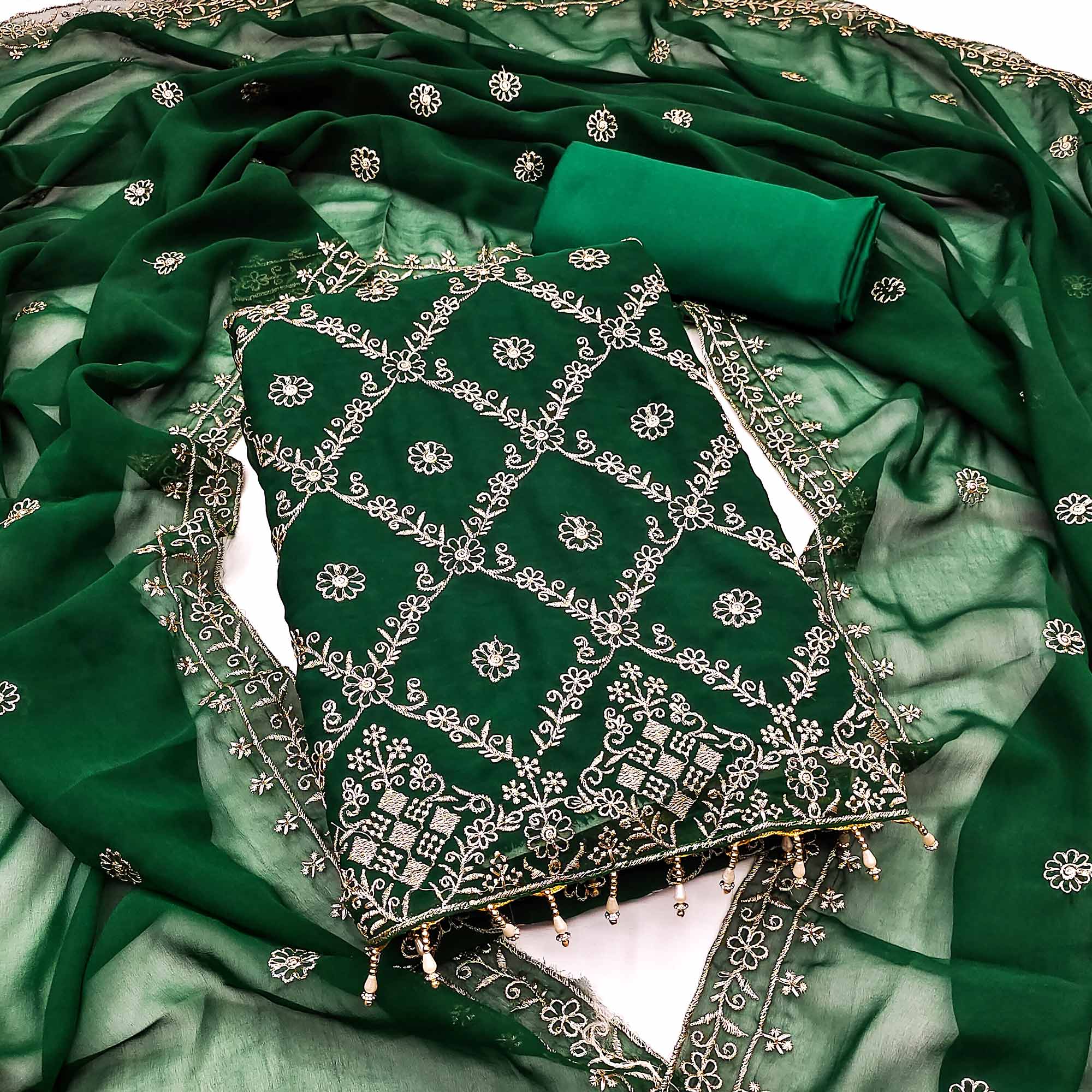 An Ethereal Charm Green Floral Embroidered Georgette Dress Material