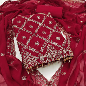 Drape Yourself In Luxury Maroon Floral Embroidered Georgette Dress Material