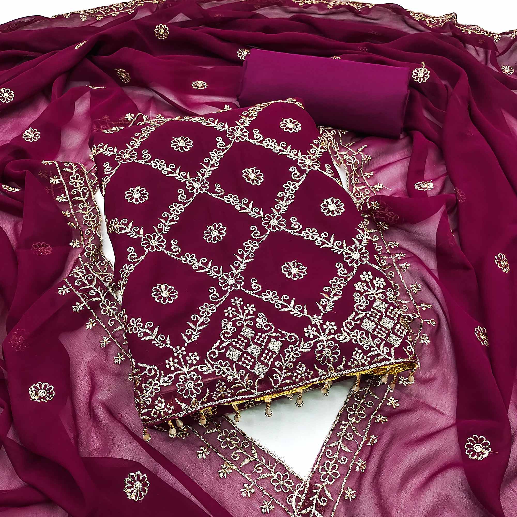 A Mesmerizing Creation Wine Floral Embroidered Georgette Dress Material