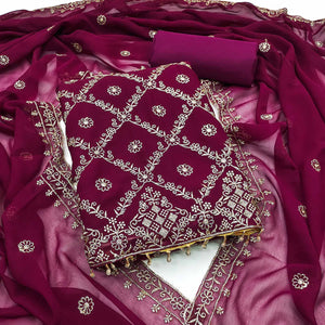 A Mesmerizing Creation Wine Floral Embroidered Georgette Dress Material