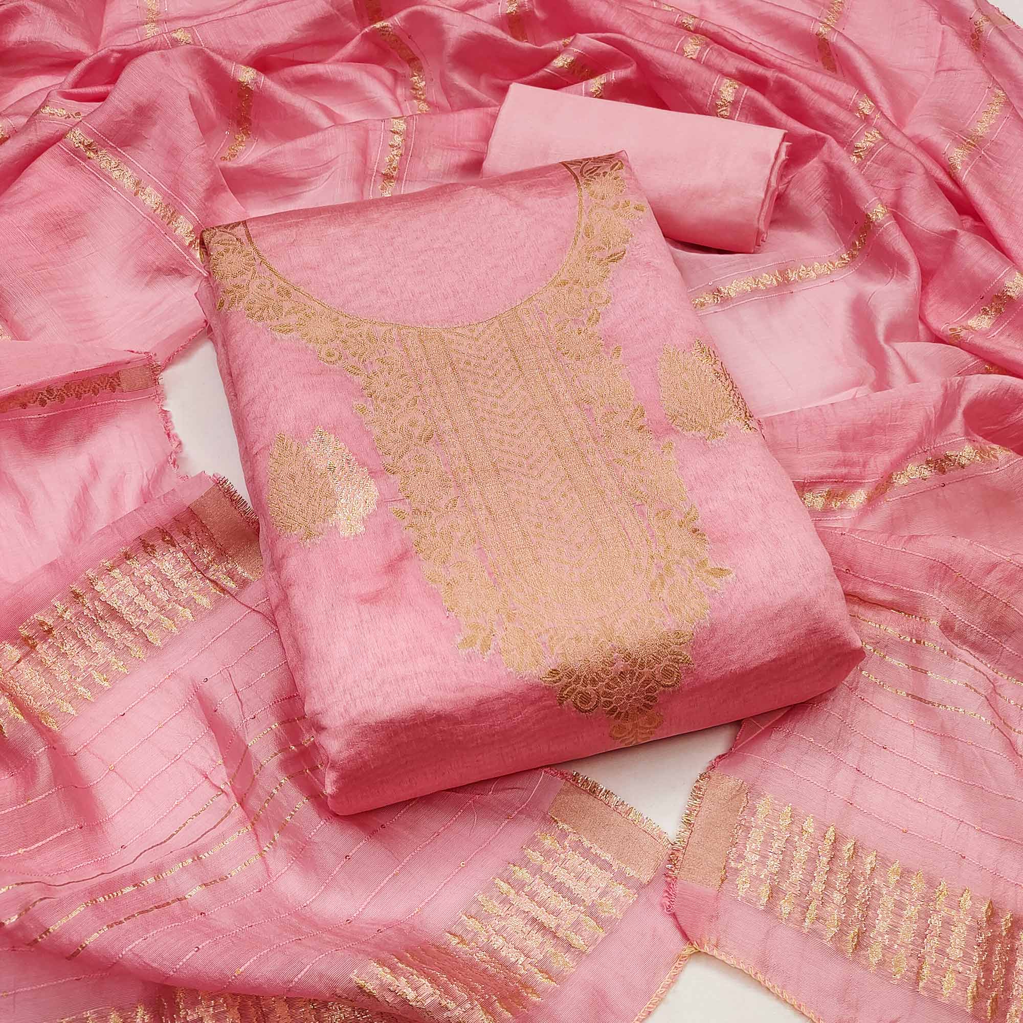 A Mesmerizing Creation Baby Pink Floral Woven Banarasi Jacquard Dress Material