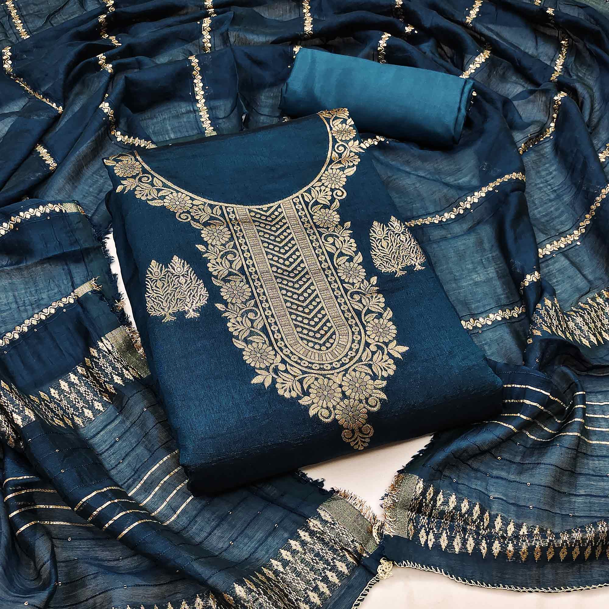 Redefine Elegance with this Blue Floral Woven Banarasi Jacquard Dress Material