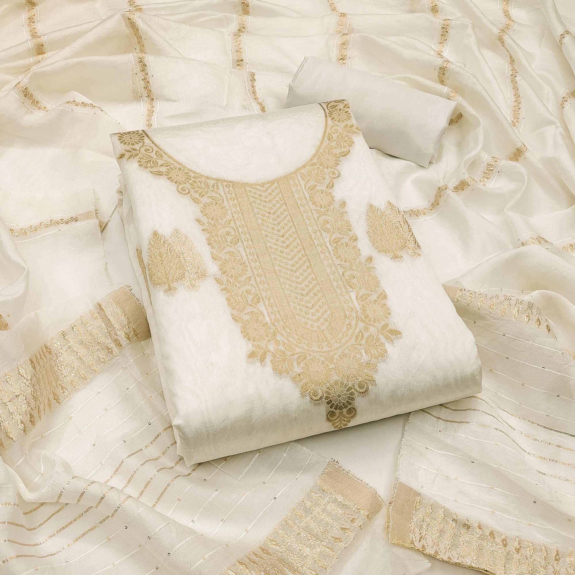 The Perfect Blend of Grace Cream Floral Woven Banarasi Jacquard Dress Material