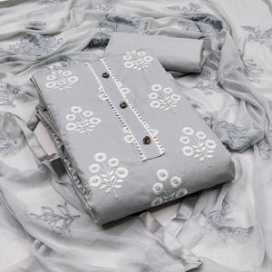 Unleash Your Style with this Grey Floral Thread Embroidered Cotton Blend Dress Material