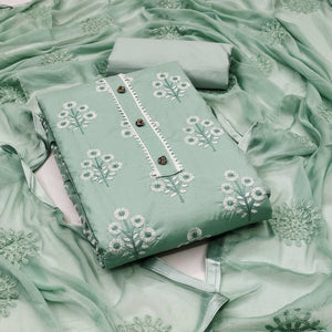Drape Yourself in Luxury Light Sea Green Floral Thread Embroidered Cotton Blend Dress Material