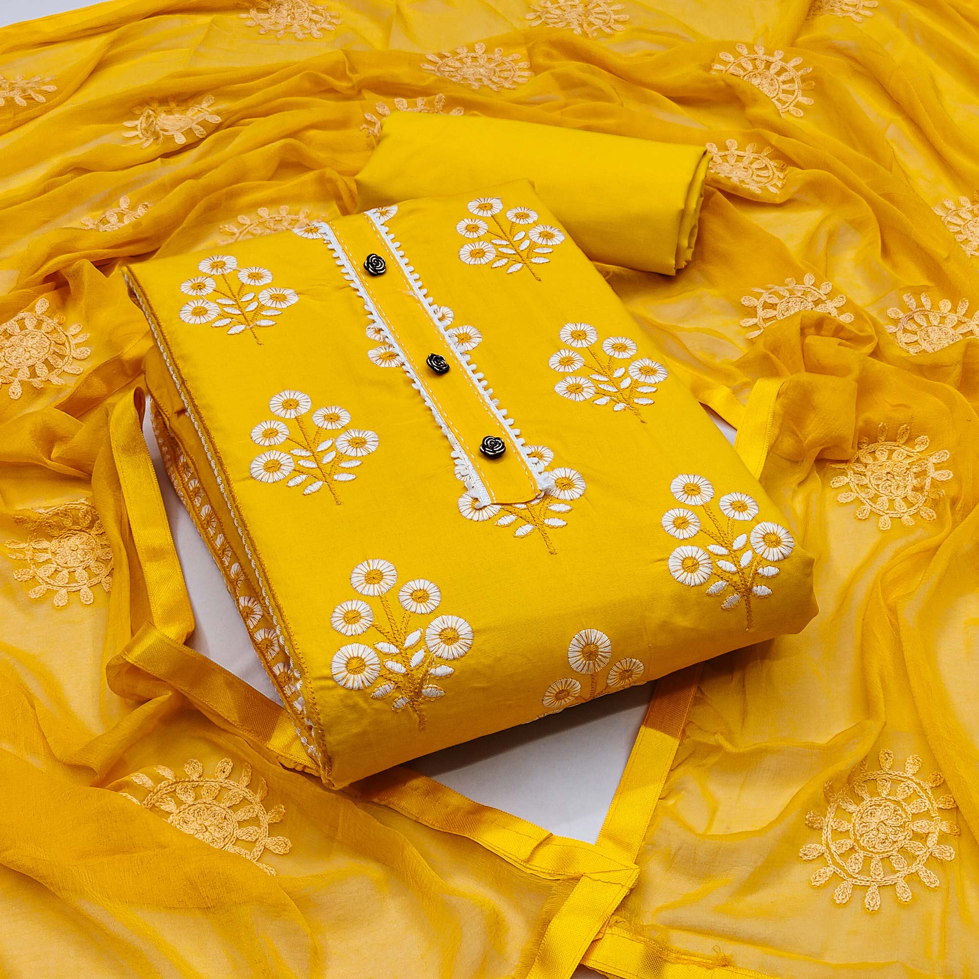 Make a Statement with Yellow Floral Thread Embroidered Cotton Blend Dress Material