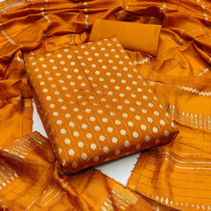 Redefine Elegance with this Mustard Floral Woven With Sequins Embroidered Banarasi Jacquard Dress Material