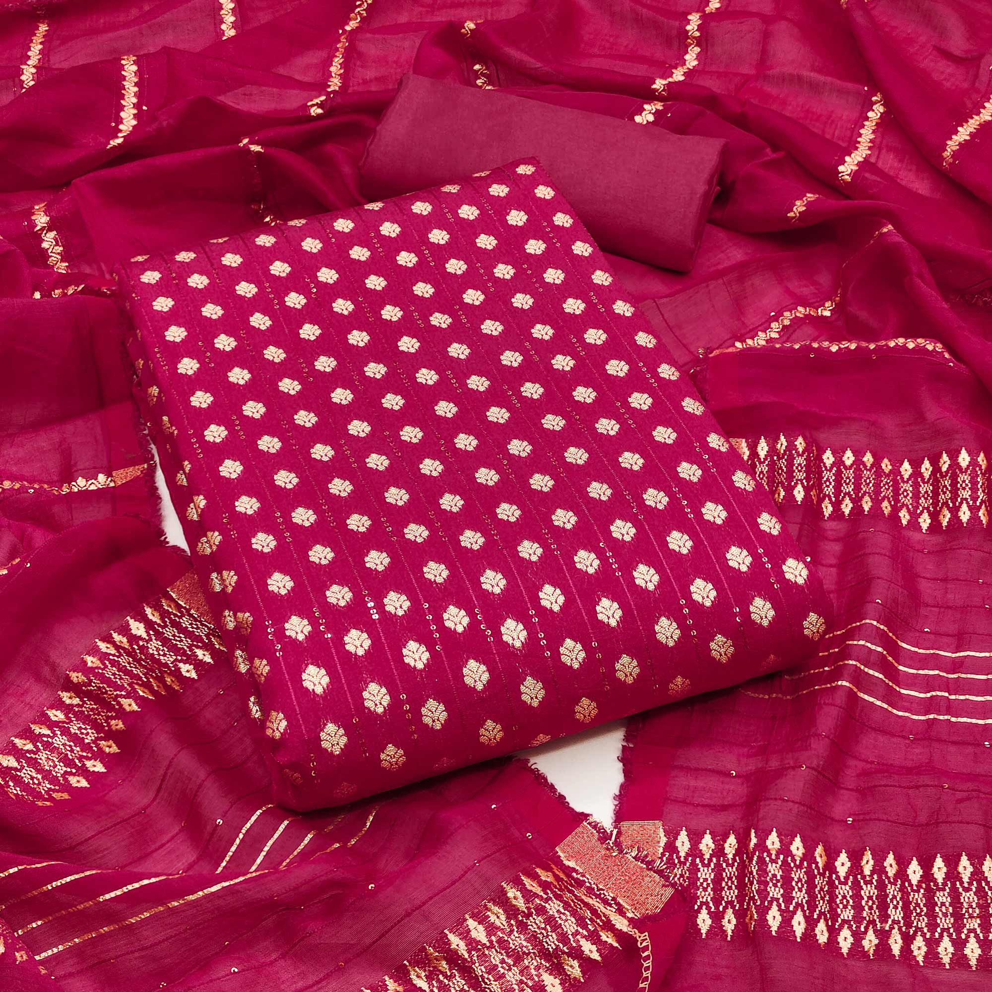 Unleash Your Style with this Rani Pink Floral Woven With Sequins Embroidered Banarasi Jacquard Dress Material