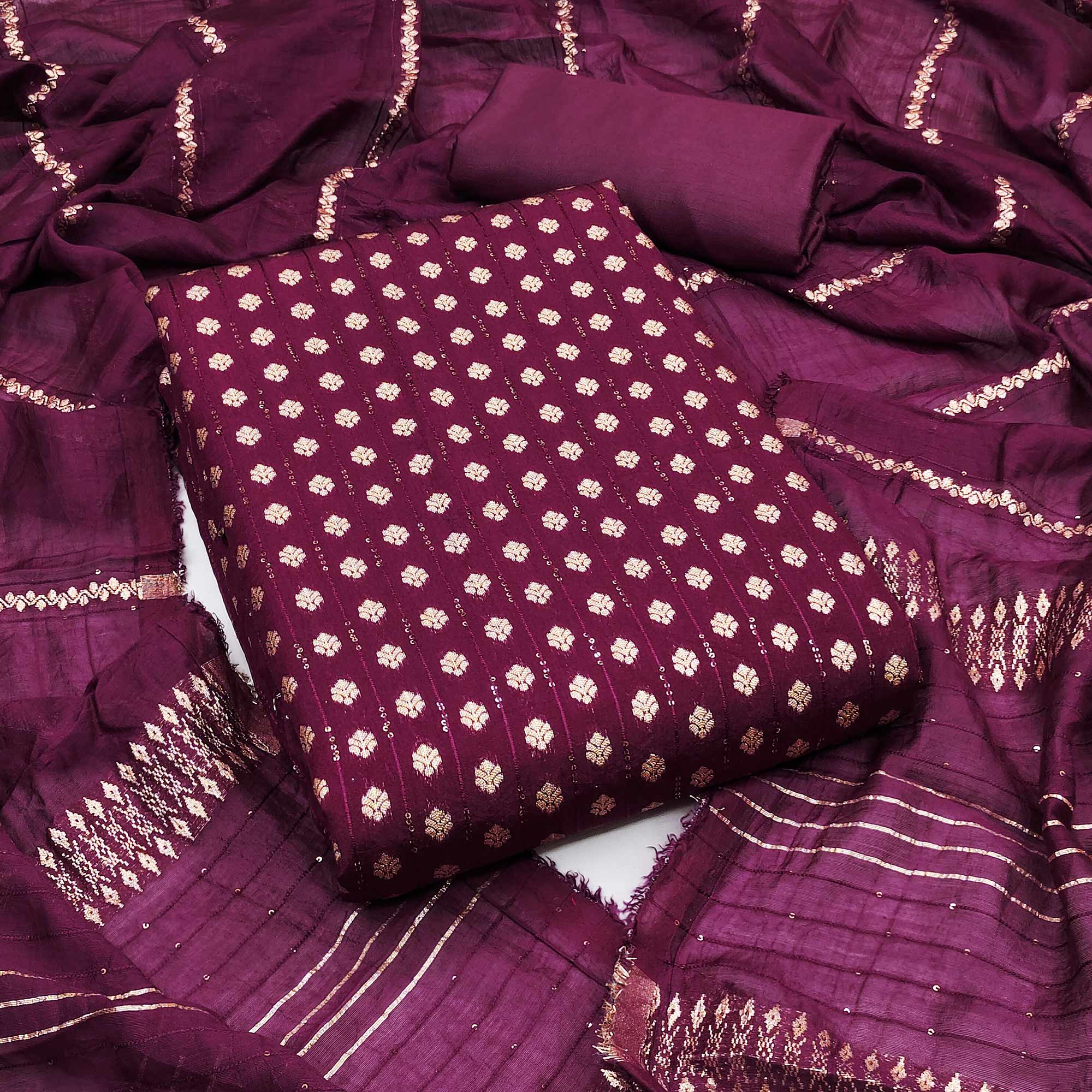 The Perfect Blend of Grace Wine Floral Woven With Sequins Embroidered Banarasi Jacquard Dress Material