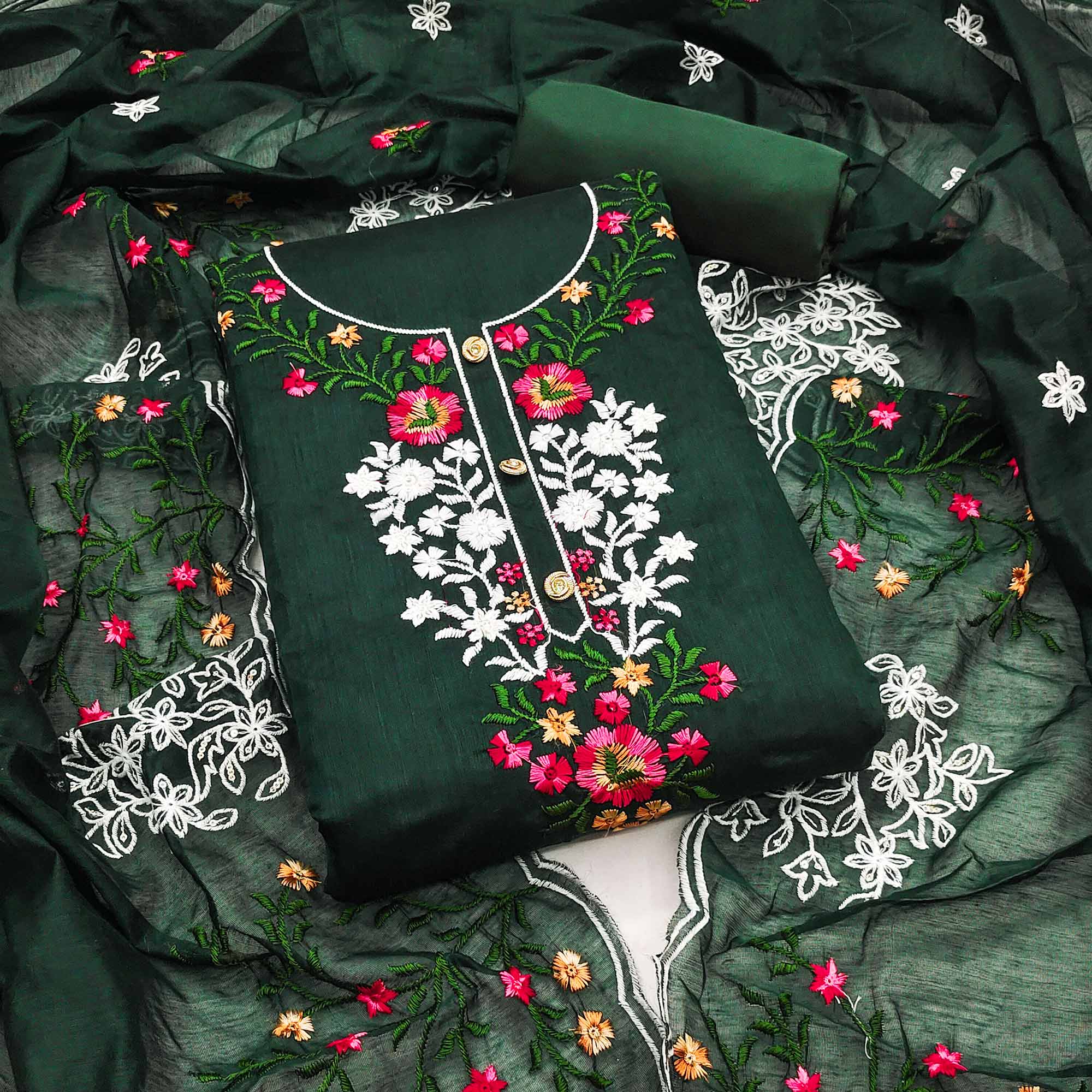 The Perfect Blend of Grace Bottle Green Floral Sequins Embroidered Chanderi Dress Material