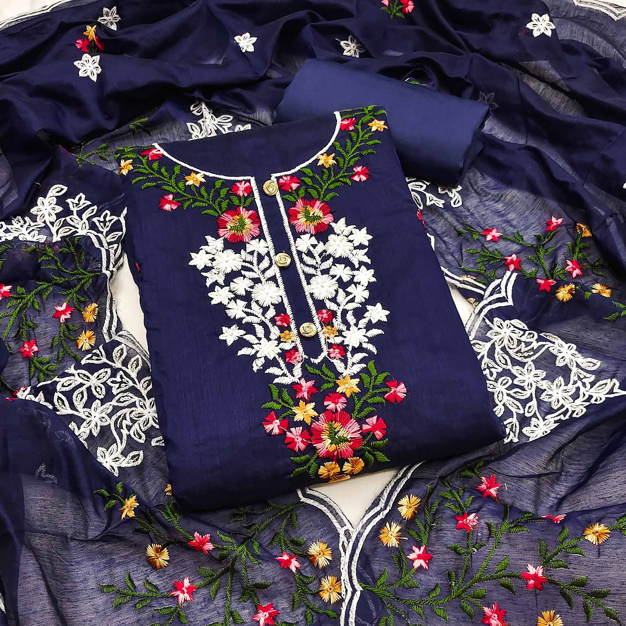 Redefine Elegance with this Navy Blue Floral Sequins Embroidered Chanderi Dress Material