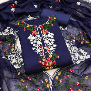 Redefine Elegance with this Navy Blue Floral Sequins Embroidered Chanderi Dress Material