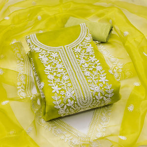 Unleash Your Style With This Green Floral Thread Embroidered Organza Dress Material