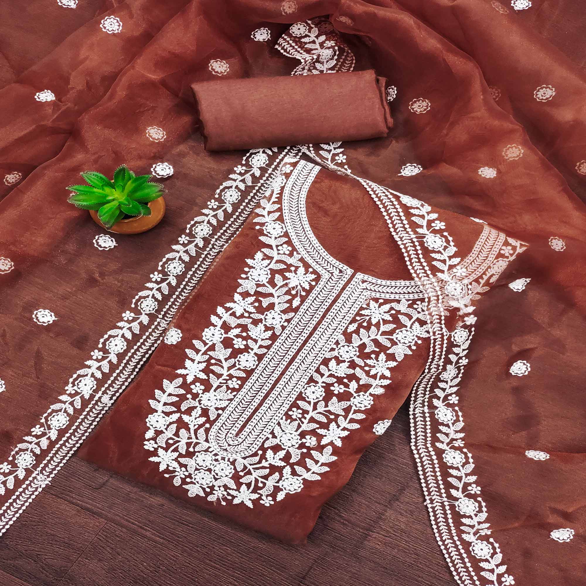 Step into Elegance With This Rust Floral Thread Embroidered Organza Dress Material