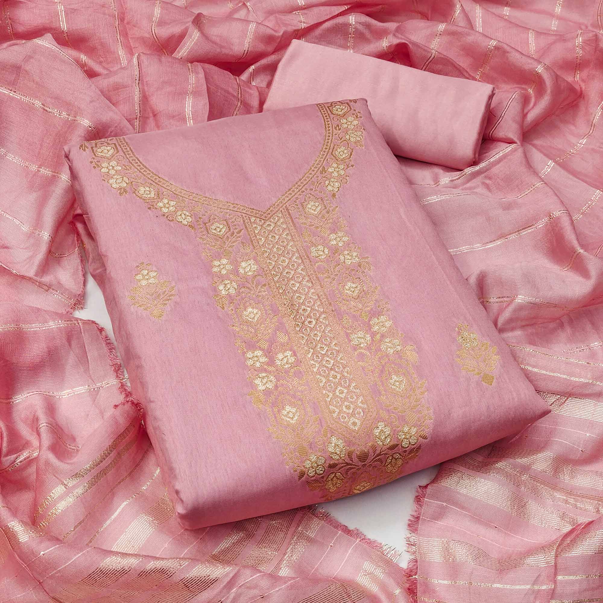 Graceful Baby Pink Banarasi Jacquard Dress Material Adorned With Ornate Zari Floral Weaves