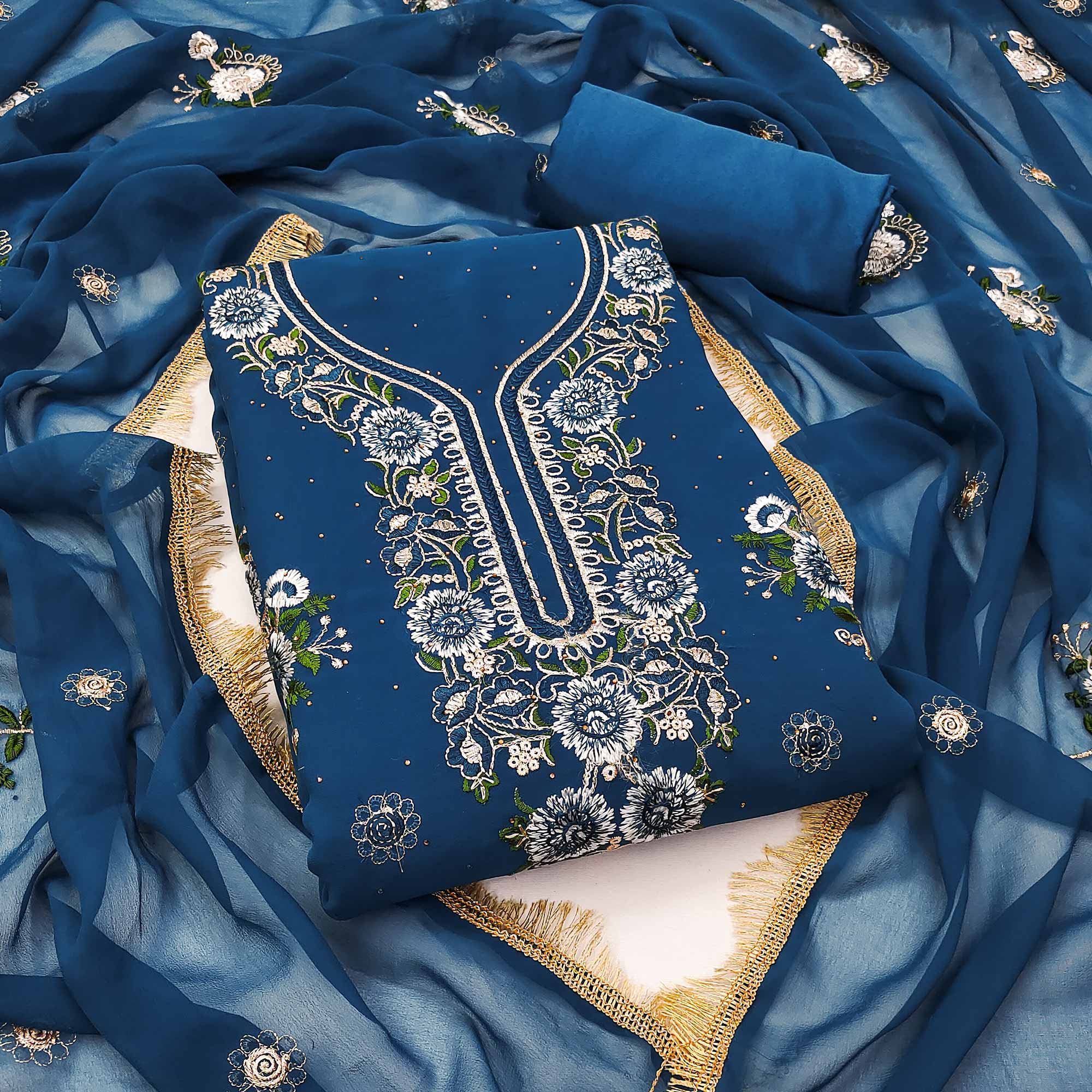 Blue Georgette Dress Material With Exquisite Floral Embroidery & Shimmering Stonework