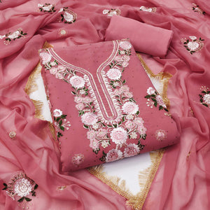 Coral Pink Georgette Dress Material With Exquisite Floral Embroidery & Shimmering Stonework