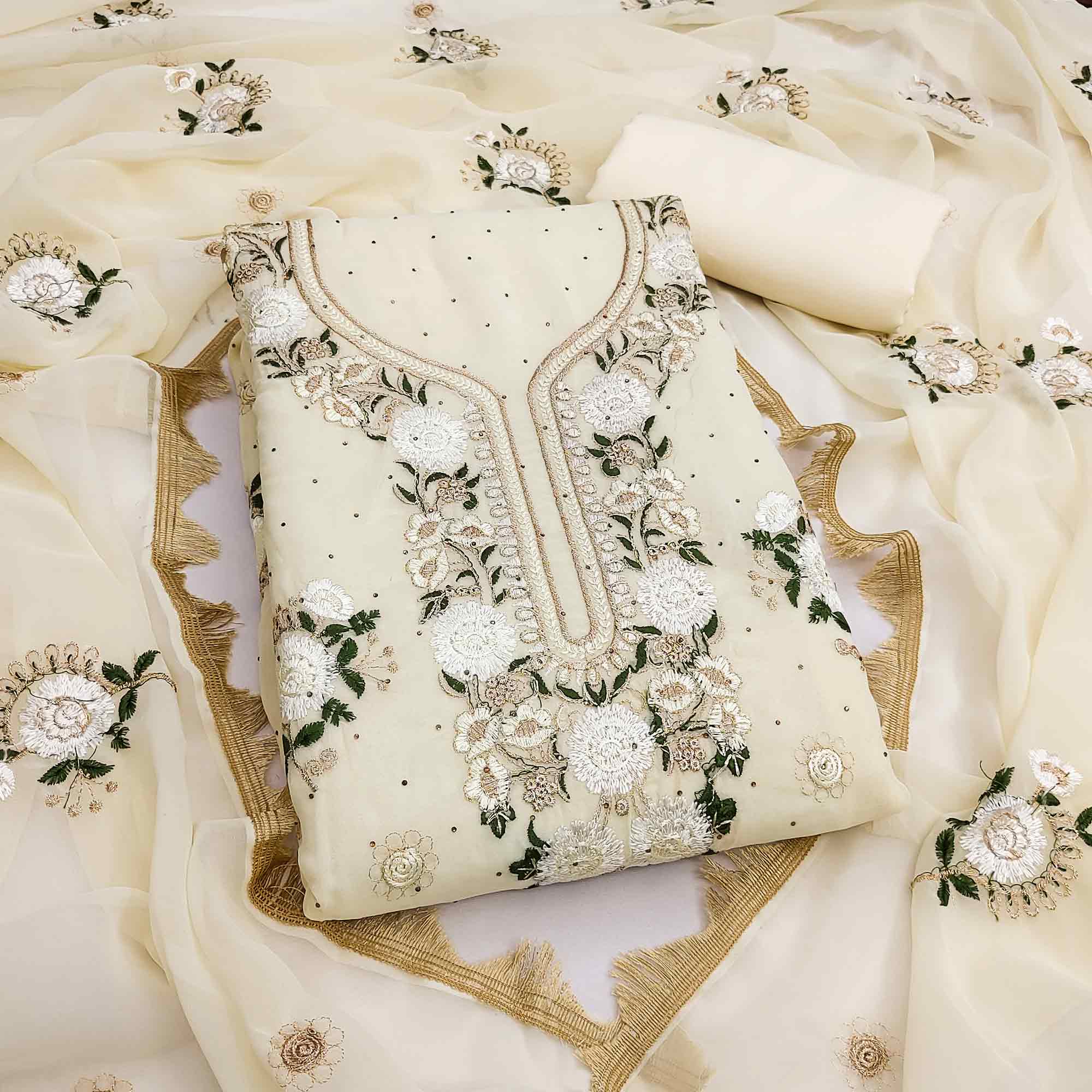 Cream Georgette Dress Material With Exquisite Floral Embroidery & Shimmering Stonework