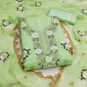 Pista Green Georgette Dress Material With Exquisite Floral Embroidery & Shimmering Stonework