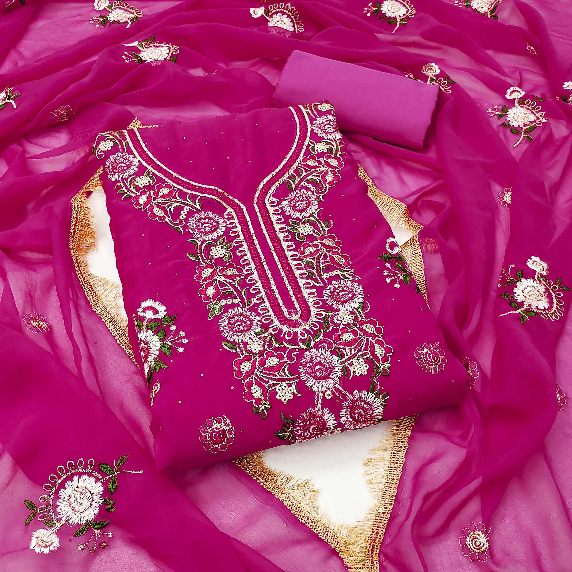 Rani Pink Georgette Dress Material With Exquisite Floral Embroidery & Shimmering Stonework