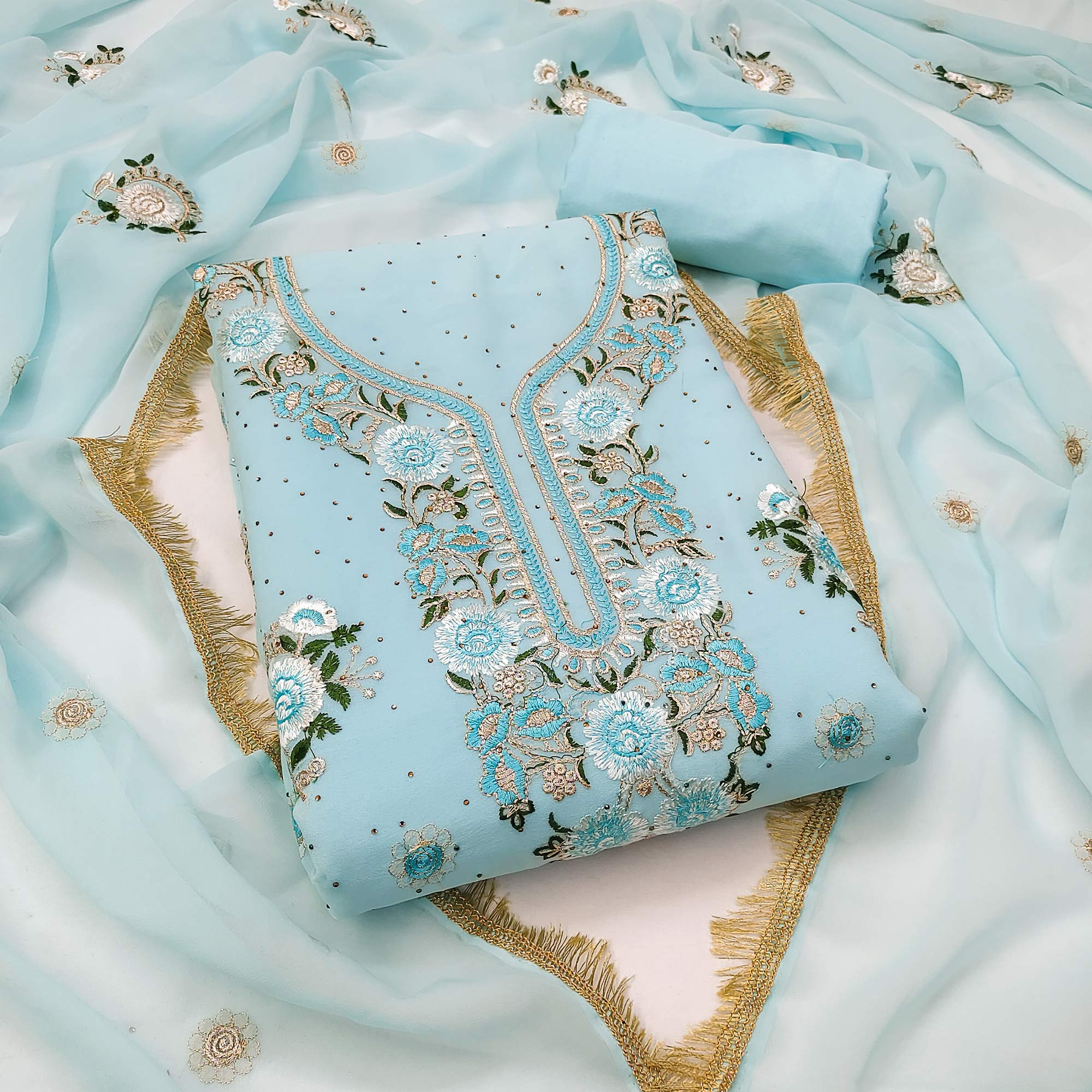 Sky Blue Georgette Dress Material With Exquisite Floral Embroidery & Shimmering Stonework