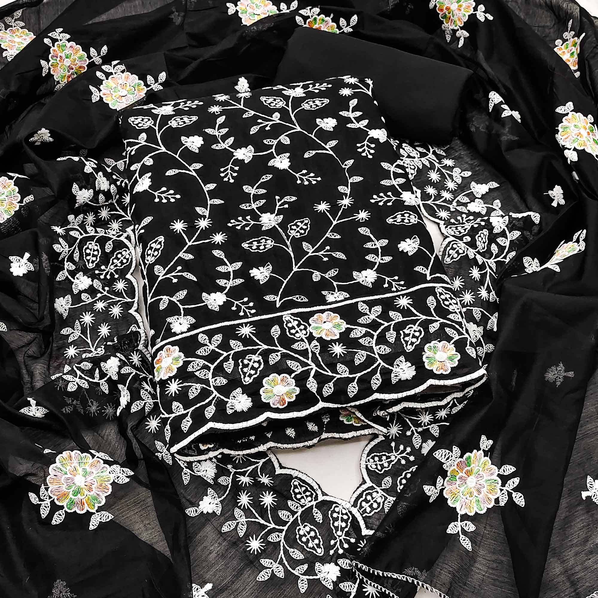 Timeless Black Chanderi Silk Dress Material With Delicate Floral Thread Embroidery