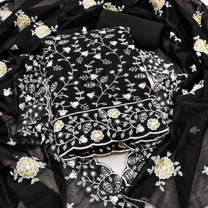 Timeless Black Chanderi Silk Dress Material With Delicate Floral Thread Embroidery