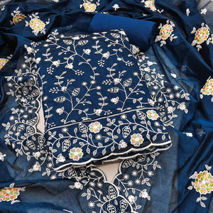Elegant Blue Chanderi Silk Dress Material Adorned With Graceful Floral Thread Embroidery