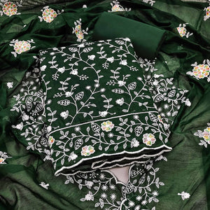 Regal Bottle Green Chanderi Silk Dress Material With Intricate Floral Thread Embroidery