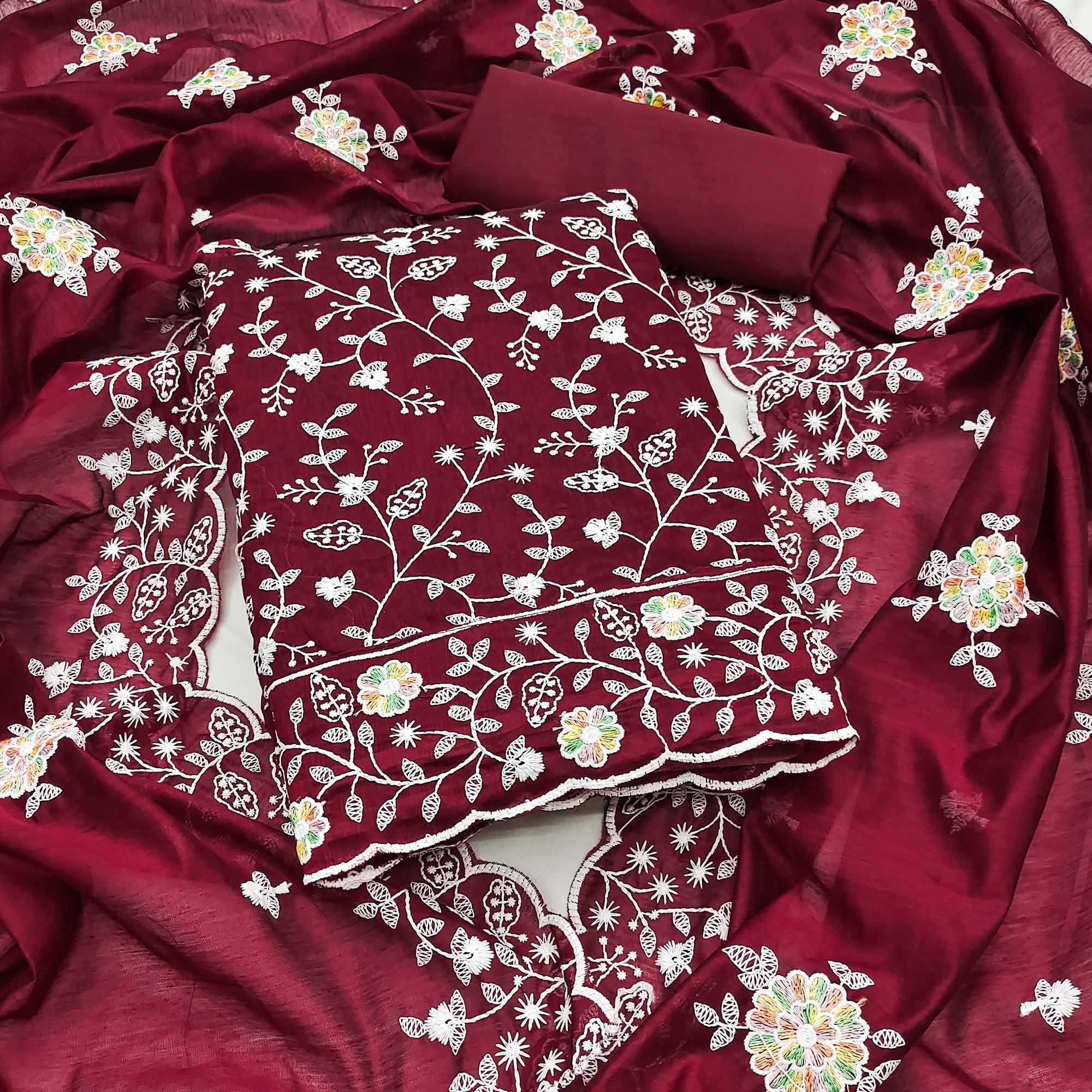 Sophisticated Maroon Chanderi Silk Dress Material With Exquisite Floral Thread Embroidery