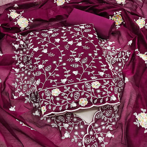 Opulent Wine Chanderi Silk Dress Material With Artistic Floral Thread Embroidery