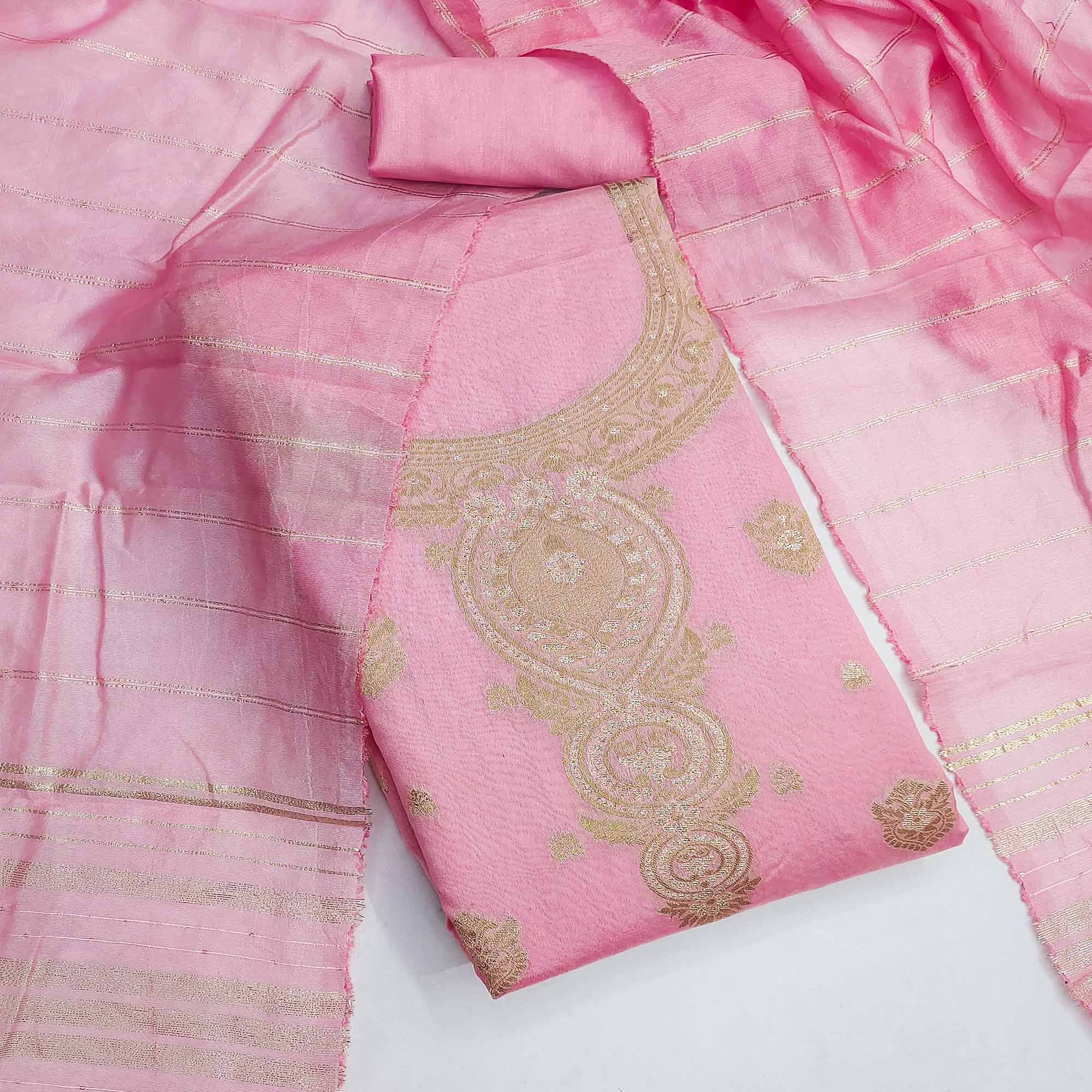 Baby Pink Banarasi Silk Dress Material With Classic Zari Design