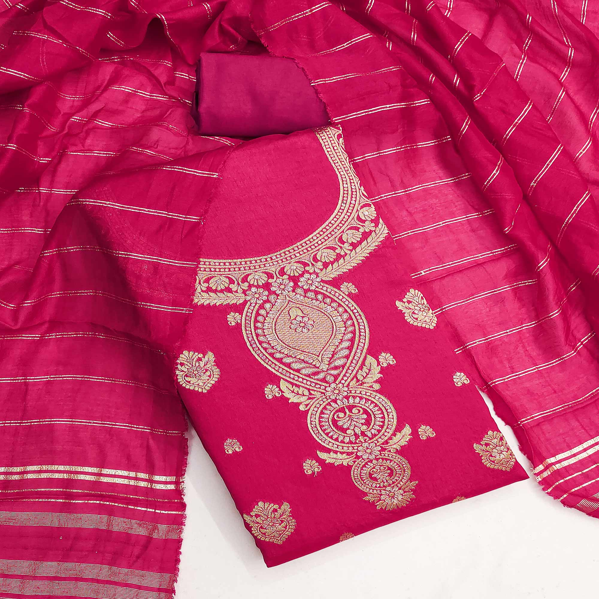 Dark Pink Banarasi Silk Dress Material With Classic Zari Design