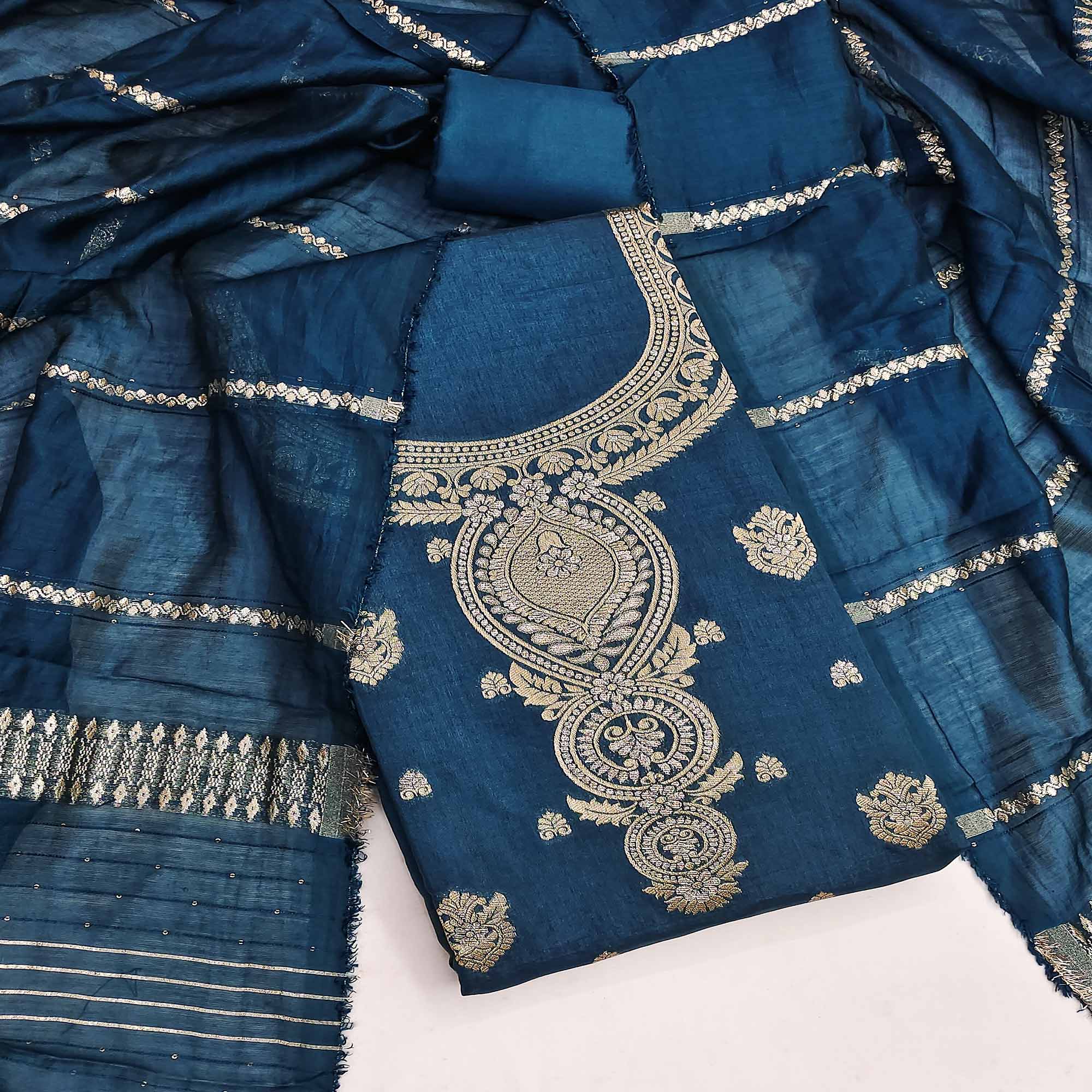 Teal Banarasi Silk Dress Material With Classic Zari Design