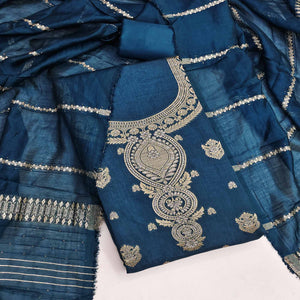 Teal Banarasi Silk Dress Material With Classic Zari Design