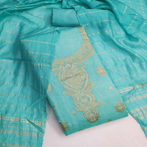 Turquoise Banarasi Silk Dress Material With Classic Zari Design