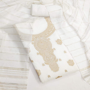 White Banarasi Silk Dress Material With Classic Zari Design