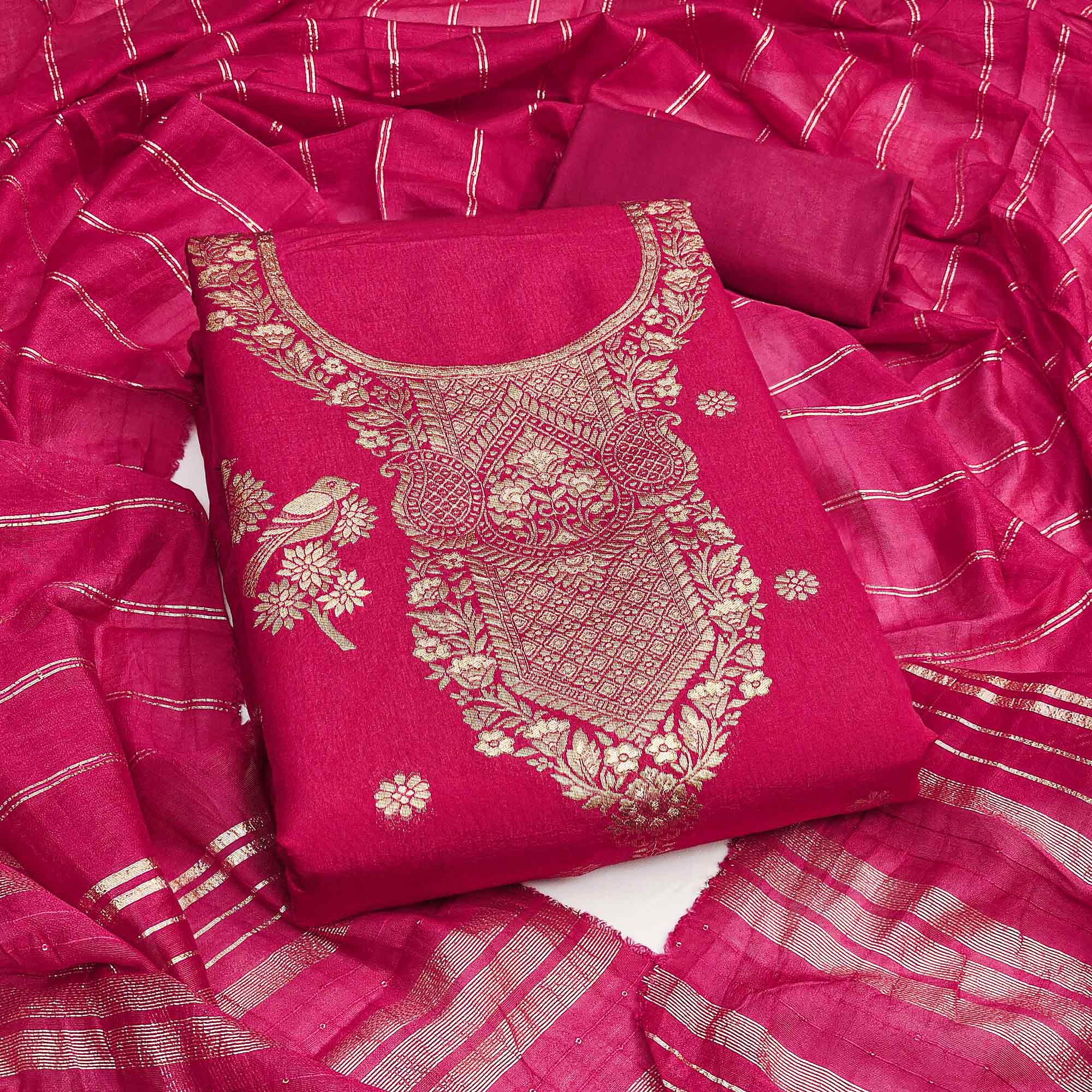 Dark Pink Banarasi Silk Dress Material With Classic Zari Design