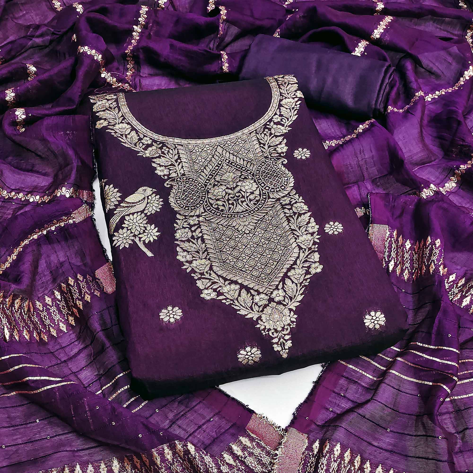 Purple Banarasi Silk Dress Material With Classic Zari Design
