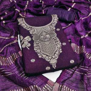 Purple Banarasi Silk Dress Material With Classic Zari Design
