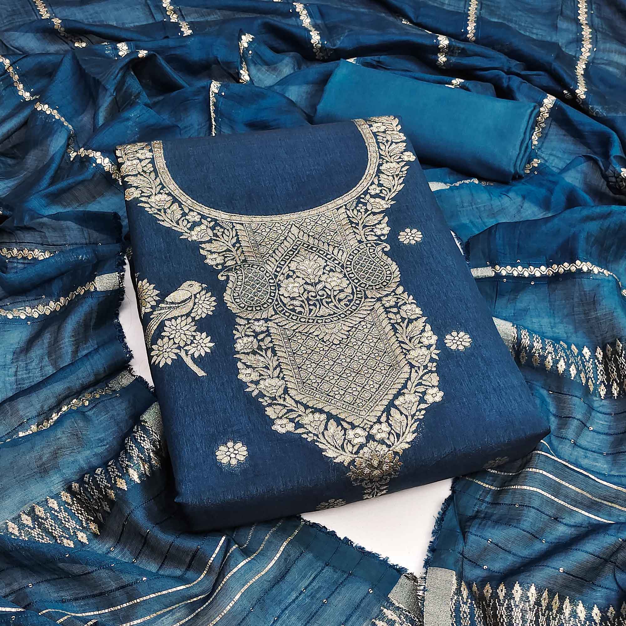 Teal Banarasi Silk Dress Material With Classic Zari Design