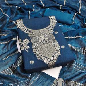 Teal Banarasi Silk Dress Material With Classic Zari Design