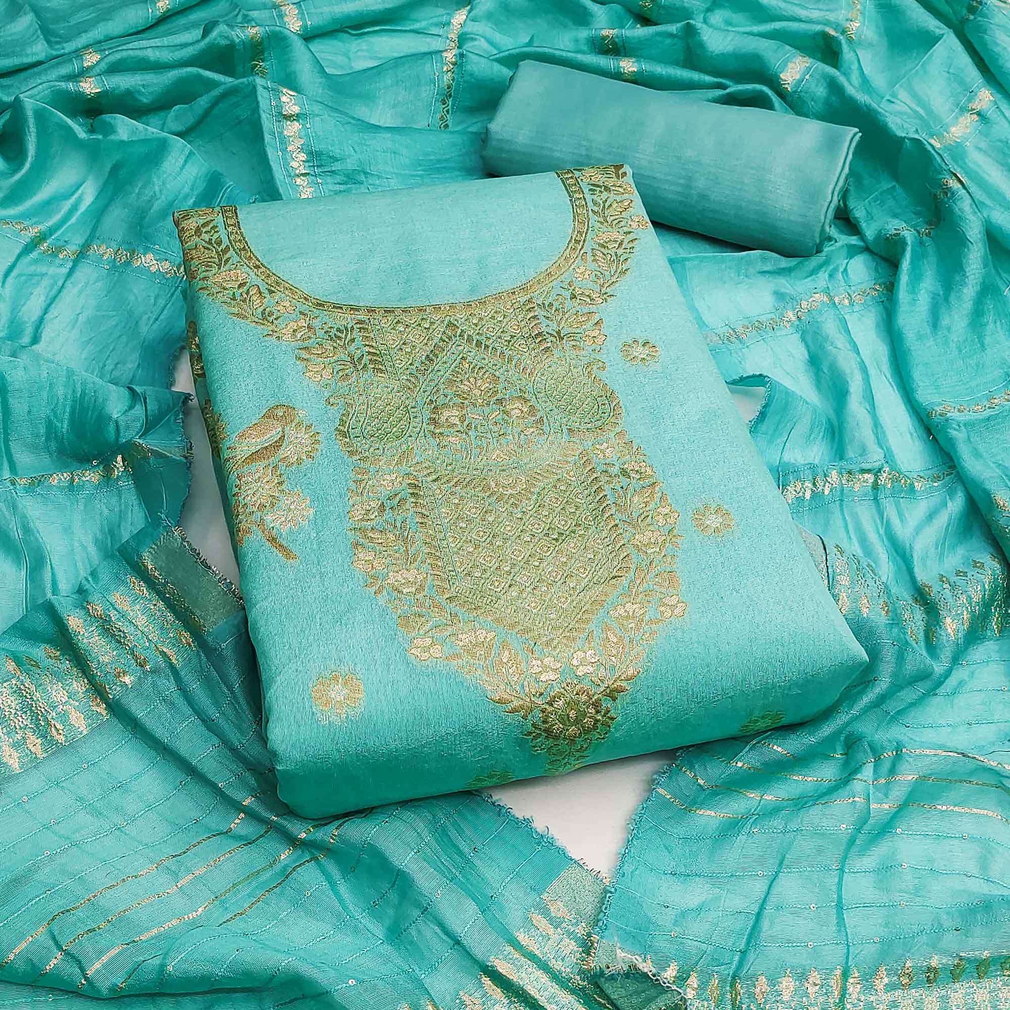 Turquoise Banarasi Silk Dress Material With Classic Zari Design