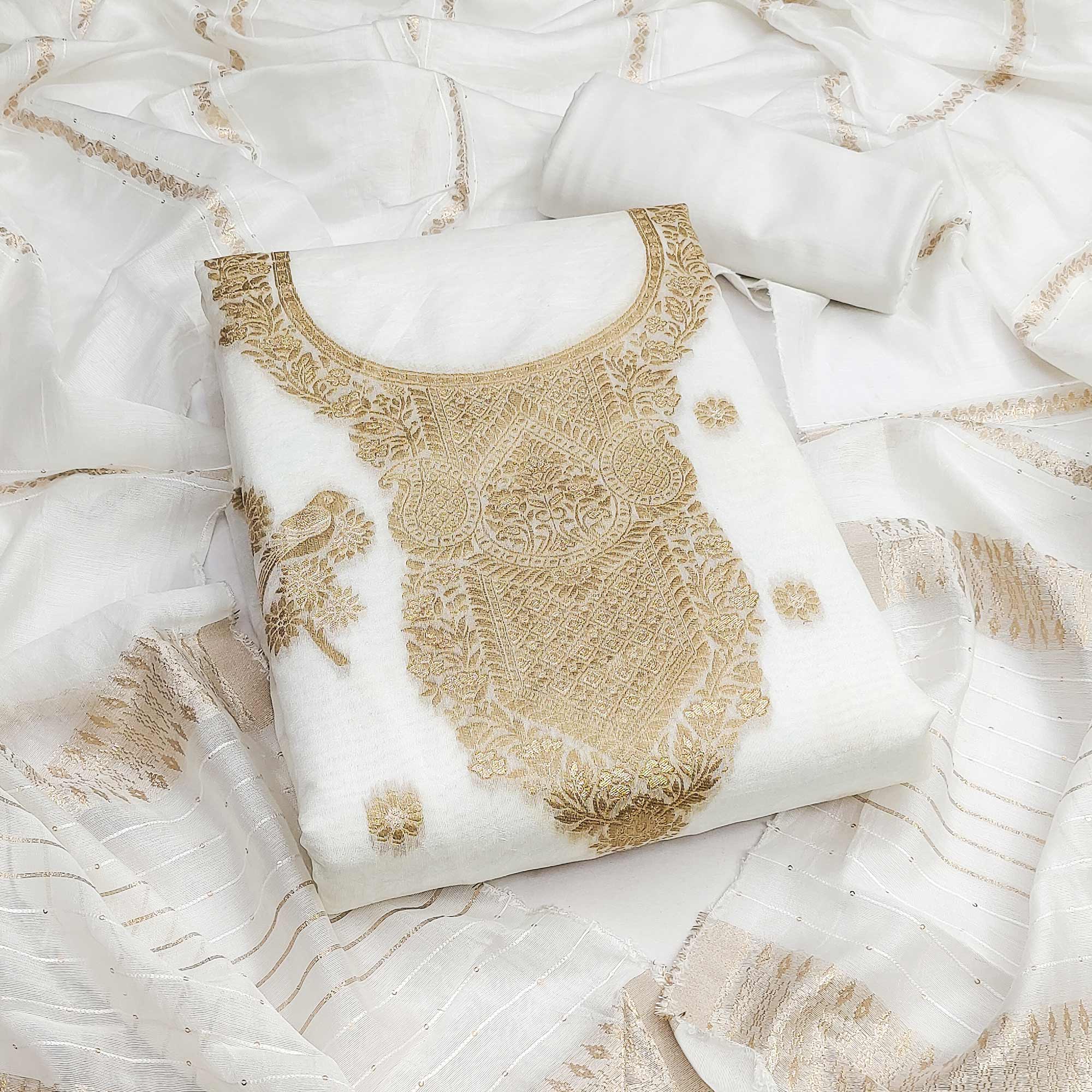 White Banarasi Silk Dress Material With Classic Zari Design