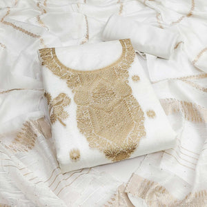 White Banarasi Silk Dress Material With Classic Zari Design