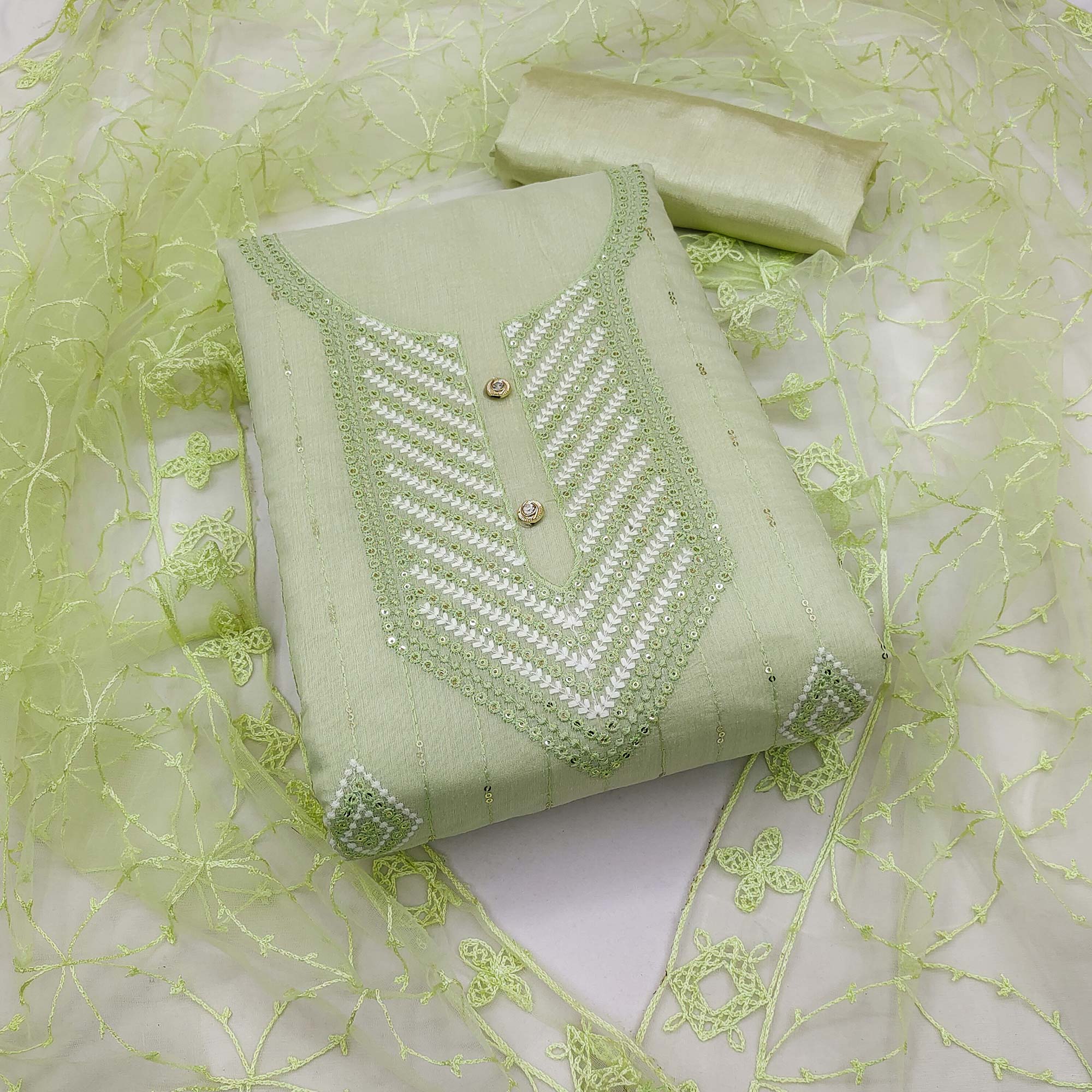 Shimmering Green Sequins Embroidered Chander Cotton Suit Material