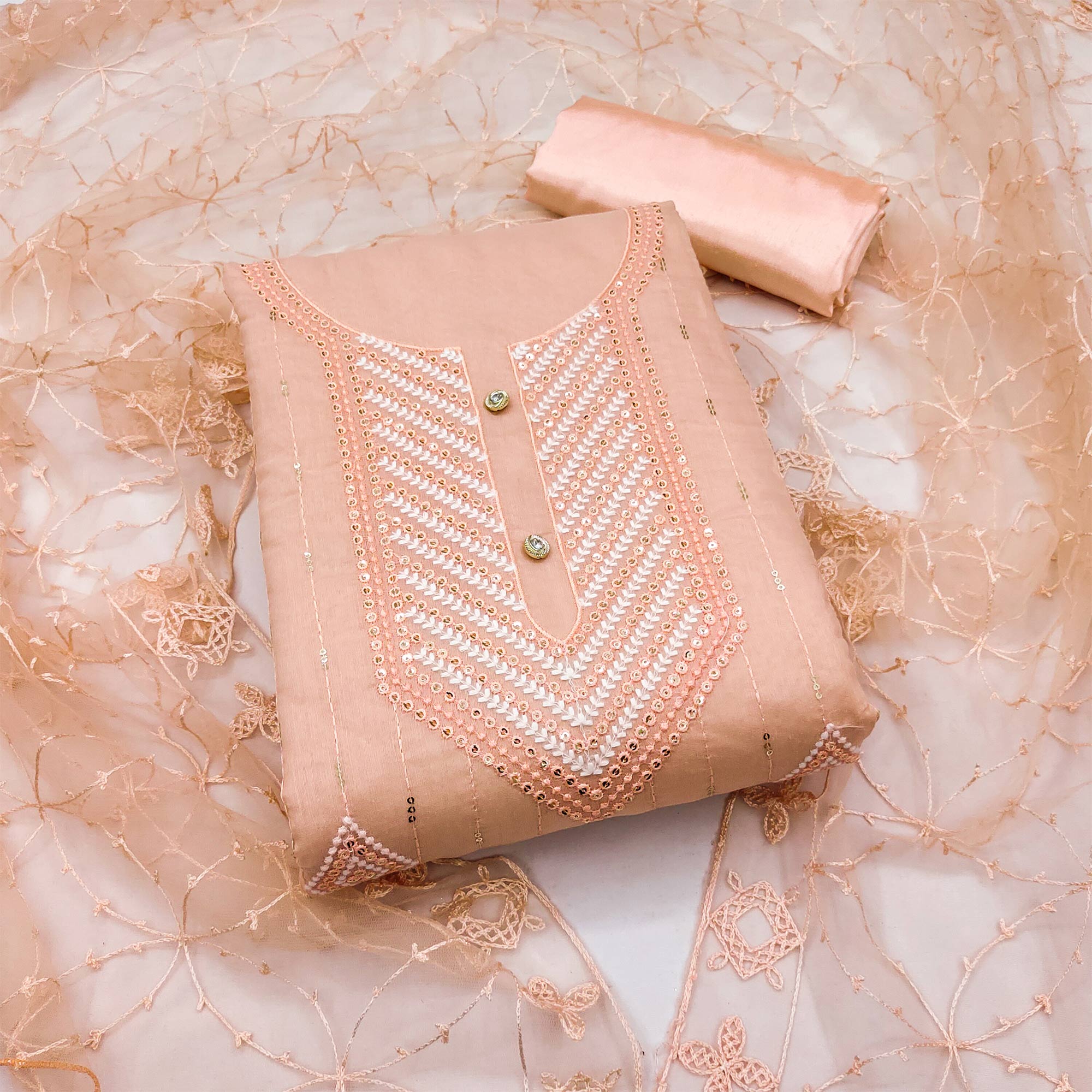 Shimmering Peach Sequins Embroidered Chander Cotton Suit Material
